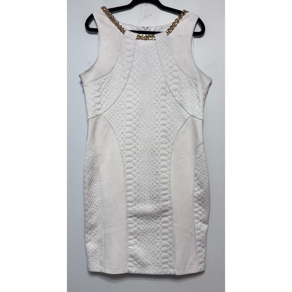 Sleeveless White Midi Dress with Gold Chain Detail